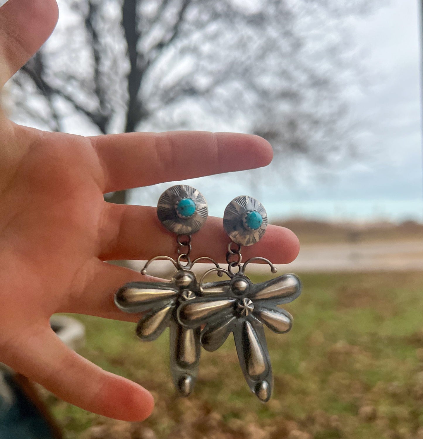 Native America Navajo Sterling Silver Turquoise Dragonfly Post / Dangling Earring's By Tim Yazzie.