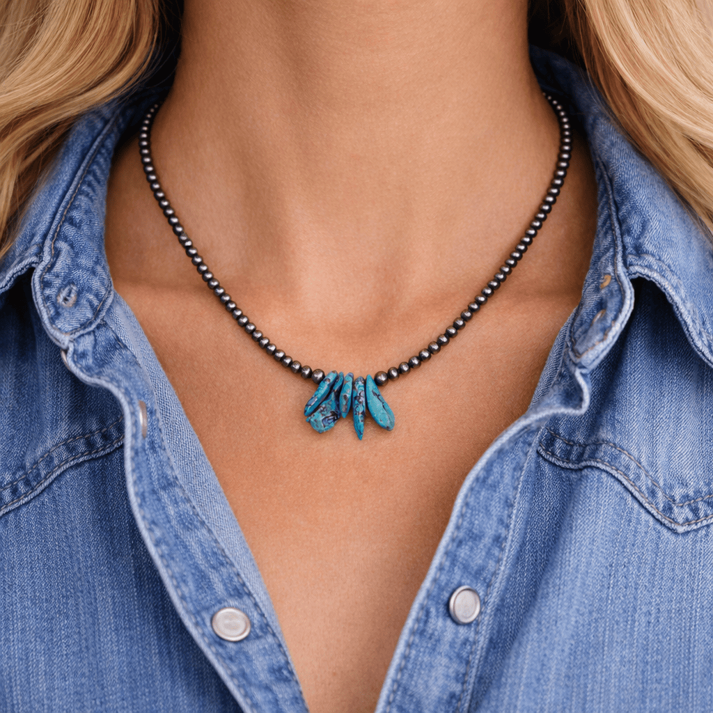 Silver Pearl Turquoise Drop Chip Necklace