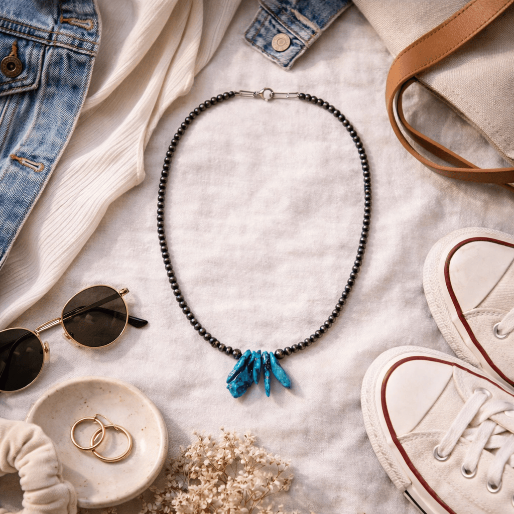 Silver Pearl Turquoise Drop Chip Necklace