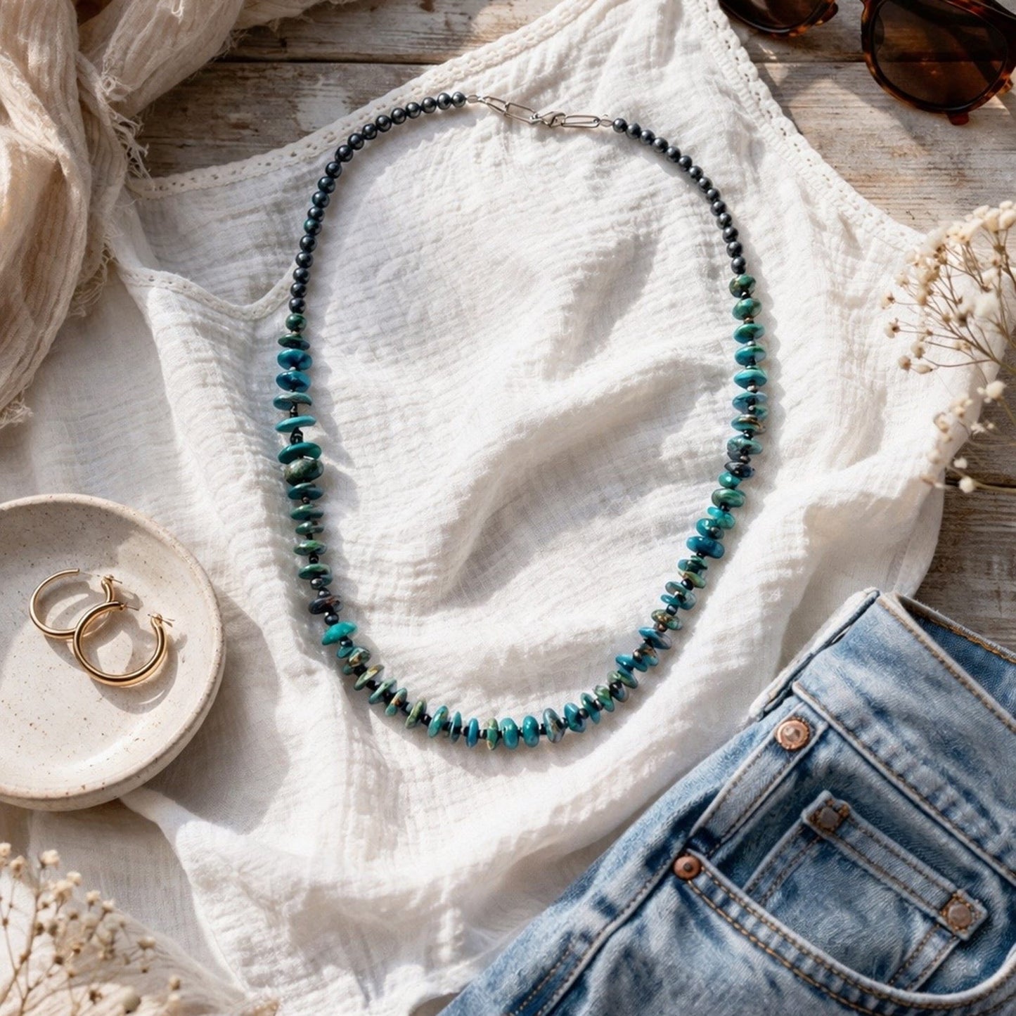 Turquoise Disc + Pearl Necklace