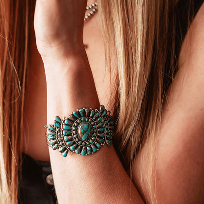 Cluster Turquoise and Sterling Silver Adjustable Cuff on model